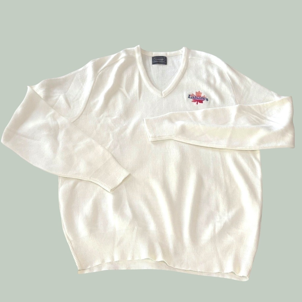 VTG Labatt Beer Sweater XL Cream V Neck Knit Vantage Custom Classics USA Made
